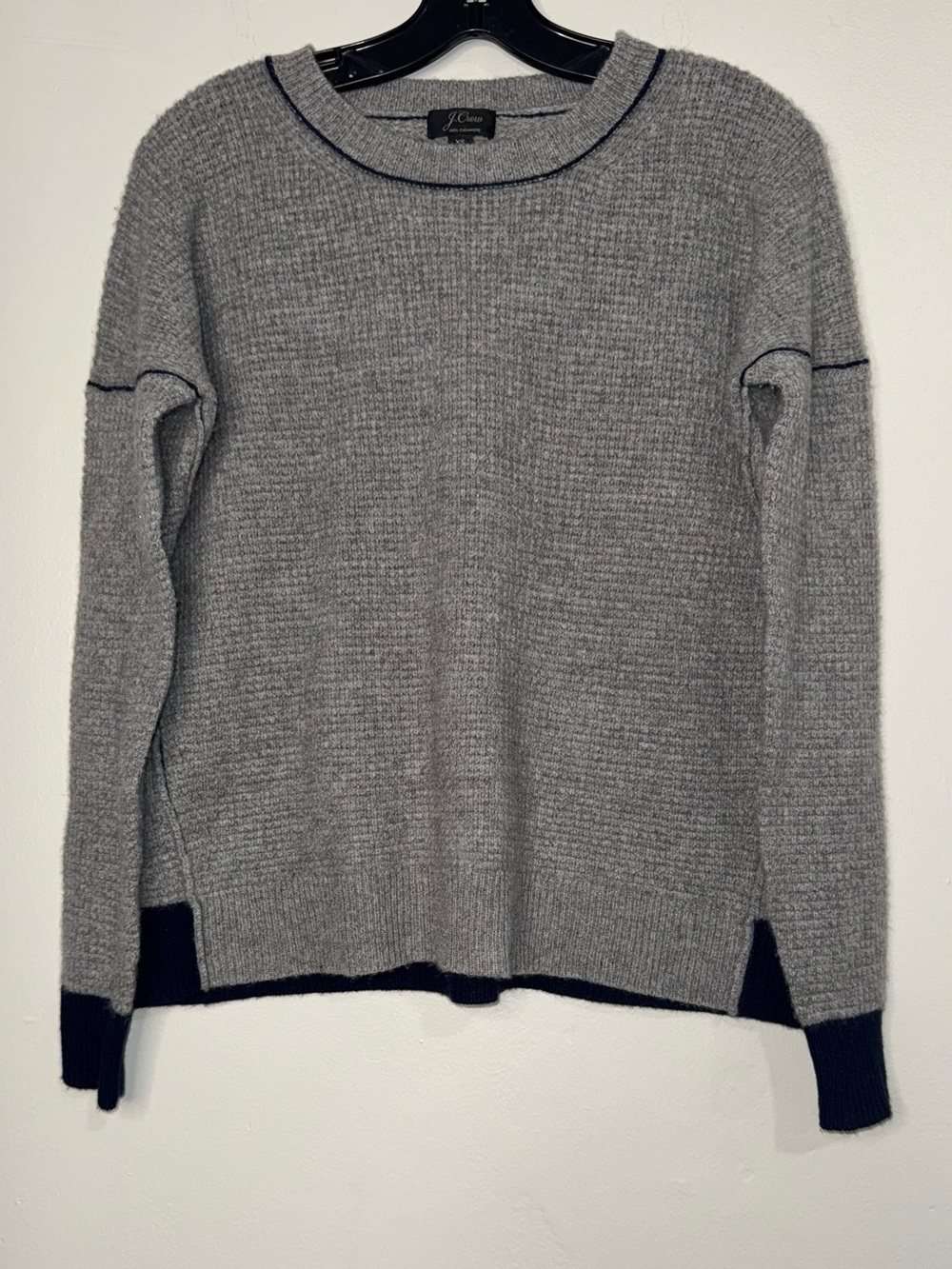 J. Crew Cashmere Gray Crewneck Sweater with Navy Trim